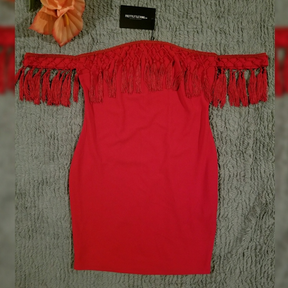 Off Shoulder Red Fringe Bodycon Dress